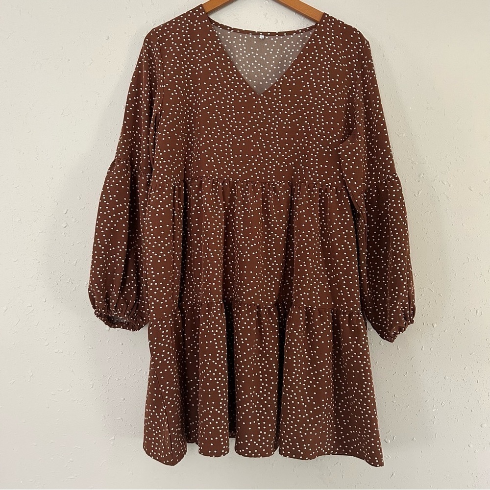 🦋 Brown White Polka Dot Ruffle Long Sleeve Baloon Sleeve Mini Dress Fall XL